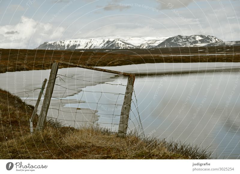 Island Umwelt Natur Landschaft Urelemente Wasser Klima Eis Frost Schnee Berge u. Gebirge Schneebedeckte Gipfel Seeufer Zaun kalt natürlich wild Stimmung Fernweh