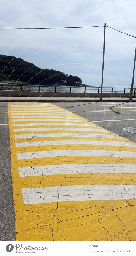 Fußgängerüberweg in Südkorea Verkehrswege Straße Fußgängerübergang gelb weiß Sicherheit Straßenverkehrsordnung Süd Korea Straßenbelag gestreift mehrspurig