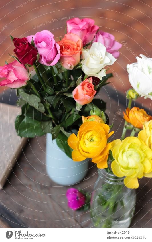 Farbenfroh Dekoration & Verzierung Innenaufnahme Blume Blüte mehrfarbig pflücken Vase Holz Rose rosa weiß Geld orange rot