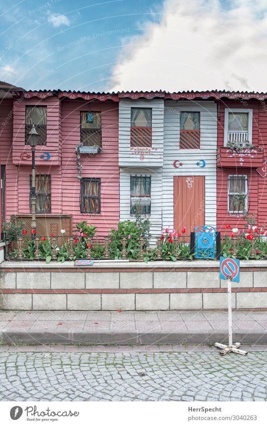 red white rowhouses Häusliches Leben Wohnung Traumhaus Himmel Wolken Sommer Schönes Wetter Tulpe Garten Istanbul Stadt Altstadt Haus Einfamilienhaus Bauwerk