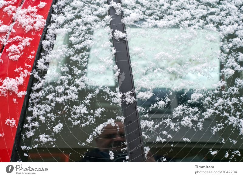 Undercover im Winter Mensch 1 60 und älter Senior Eis Frost Schnee Parkplatz PKW Glas Metall beobachten Blick einfach rot schwarz weiß Gefühle Autofenster