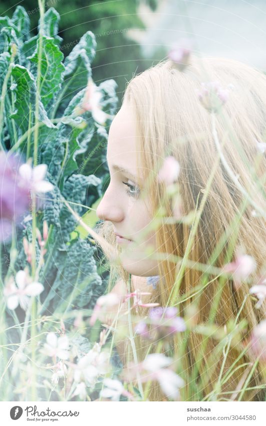 mädchenfoto feminin Junge Frau Jugendliche Leben Kopf Haare & Frisuren Gesicht 1 Mensch 13-18 Jahre Pflanze Blume Gras Sträucher Blatt Blüte Grünpflanze Garten