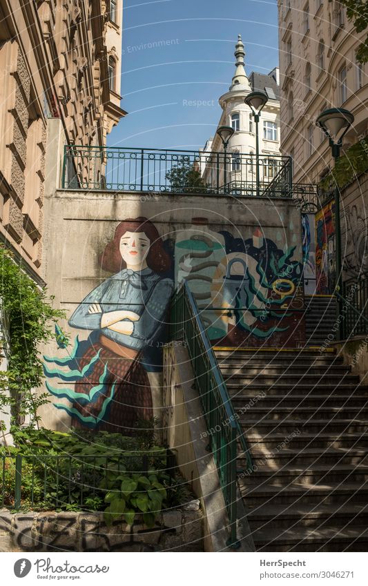 Capistranstiege in Mariahilf Wien Hauptstadt Stadtzentrum Altstadt Haus Bauwerk Gebäude Architektur Treppe Graffiti ästhetisch elegant Freundlichkeit trendy