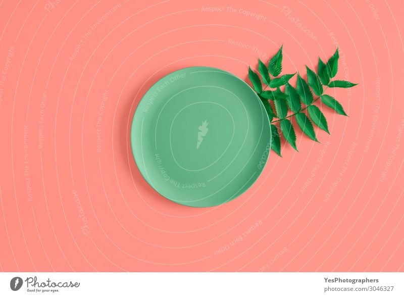 Leerer Teller und grüne Blätter auf korallenfarbenem Hintergrund Gesunde Ernährung Dekoration & Verzierung Tisch Küche Restaurant Blatt Ornament natürlich rosa