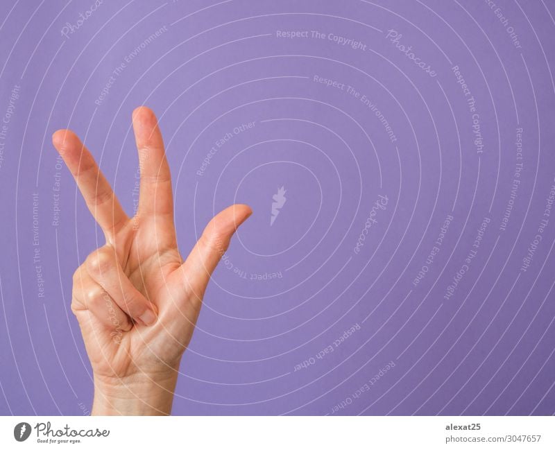 Hand mit drei Fingern auf violettem Hintergrund erhoben und Kopie sp Mensch Frau Erwachsene Arme Idee Entwurf Textfreiraum zählen Doppelgänger gestikulieren
