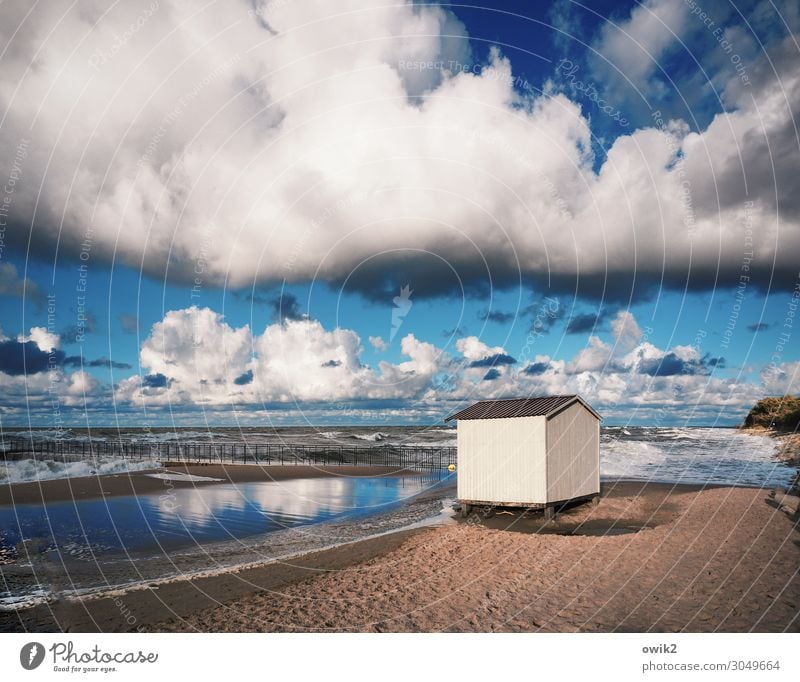 Nasse Füße Umwelt Natur Landschaft Sand Luft Wasser Himmel Wolken Horizont Schönes Wetter Wind Wellen Küste Ostsee Polen Hütte einfach blau weiß Gelassenheit
