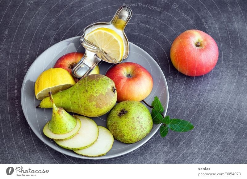 Obstteller mit Birne, Apfel und Zitrone Lebensmittel Frucht Minze Ernährung Bioprodukte Vegetarische Ernährung Diät Teller Lifestyle Gesunde Ernährung Essen
