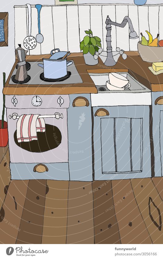 Illustratio neienr kleinen Küche in blau Häusliches Leben Wohnung Innenarchitektur einzigartig retro Grafik u. Illustration gemütlich Topf Herd & Backofen