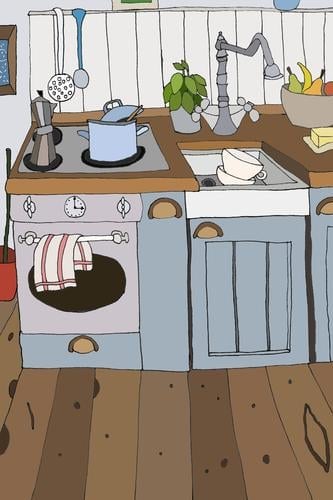 Illustratio neienr kleinen Küche in blau Häusliches Leben Wohnung Innenarchitektur einzigartig retro Grafik u. Illustration gemütlich Topf Herd & Backofen