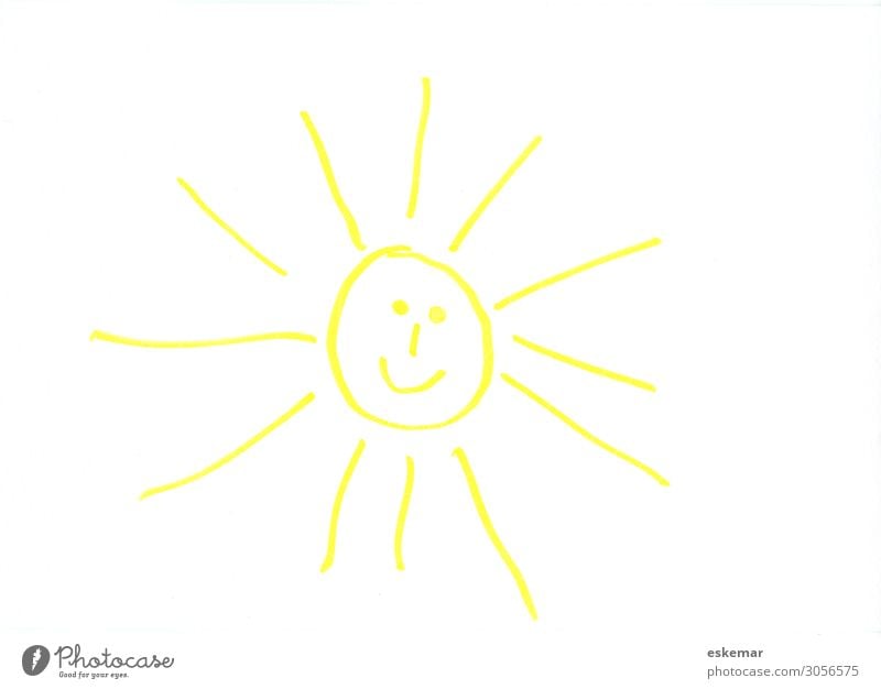 lachende Sonne Freude Gesicht Sommer Sommerurlaub Sonnenbad Kind Kunst Kunstwerk Zeichnung Kinderzeichnung Sonnenlicht Schönes Wetter Fröhlichkeit lustig gelb