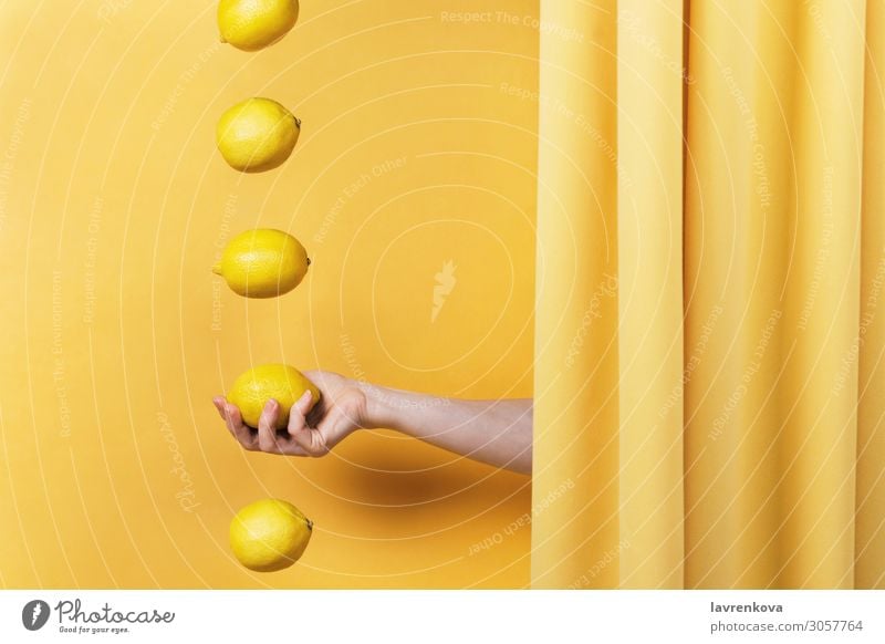 Frauenhand hält eine Zitrone. Finger Diät Vitamin C Stoff Vorhang Konzepte & Themen Levitation Gardine Zitrusfrüchte Frucht Sommer frisch Lebensmittel