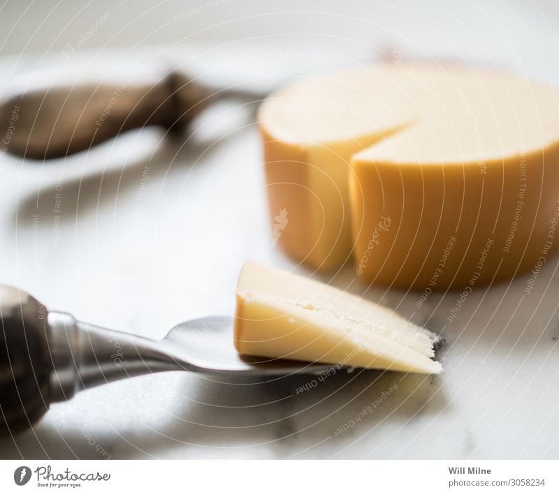 Ein Stück Käse Käselaib Molkerei Lebensmittel Speise Foodfotografie Käsemarkt Vorspeise Amuse-Gueule Messer Tafelmesser Käsemesser Gouda Keil geschnitten