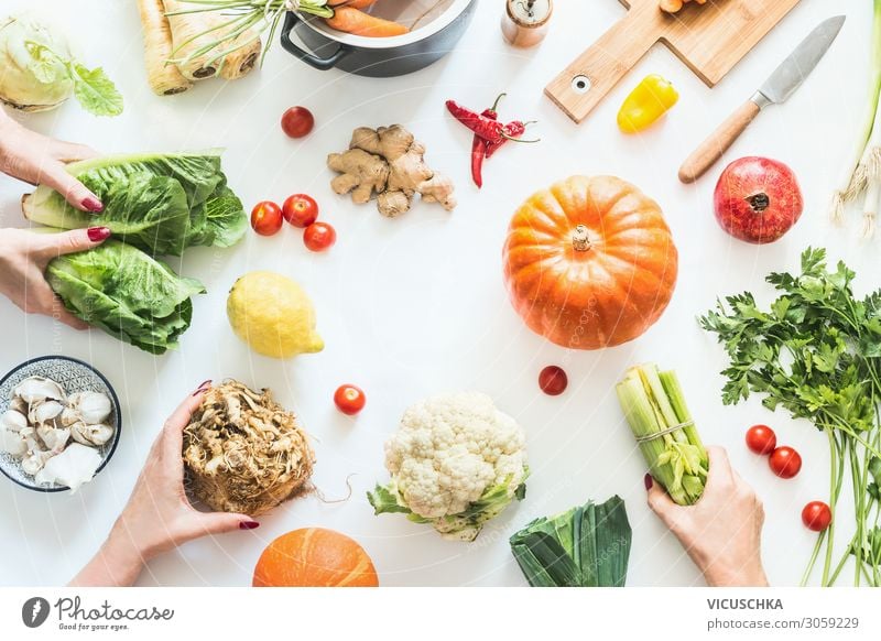 Frauenhände halten verschiedenes Saison Gemüse Lebensmittel Ernährung Bioprodukte Vegetarische Ernährung Diät Geschirr kaufen Stil Freude Gesunde Ernährung
