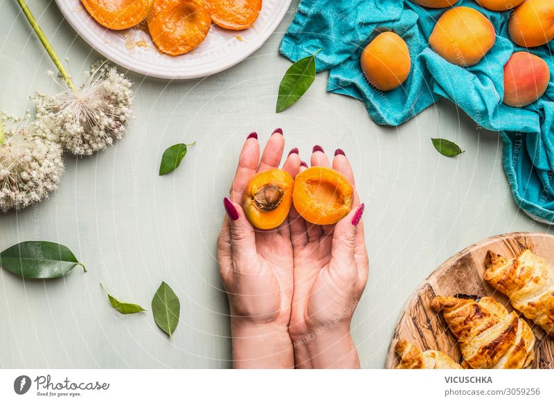 Hände halten halbierte Aprikose mit Kern Lebensmittel Frucht Croissant Ernährung Geschirr Stil Mensch Frau Erwachsene Hand Design Teilung Kerne stoppen
