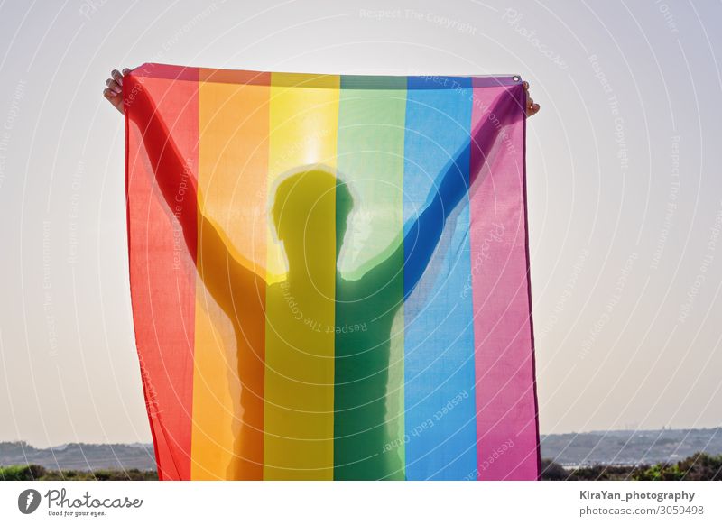 Junge Frau mit LGBT-Flagge Lifestyle Freude Freiheit Feste & Feiern Homosexualität Erwachsene Körper Hand 1 Mensch Sommer Fahne Liebe Sex hell Partnerschaft