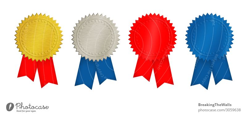 Gold-, Silber-, Rot- und Blaumünzen oder Medaillen Design Urkunde Sammlung Metall Stahl modern retro blau rot weiß Plakette Ikon Doppelgänger