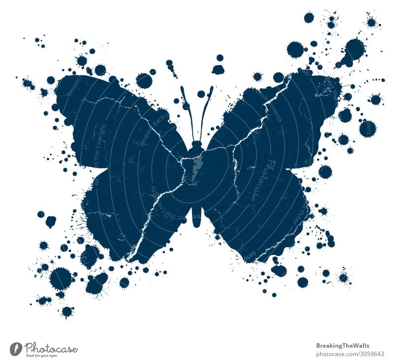 Grunge Schmetterlingsform und Farbflecken bespritzt Kunst Kunstwerk Gemälde Tropfen dreckig blau weiß platschen Hintergrund verzweifelt texturiert gefärbt Riss