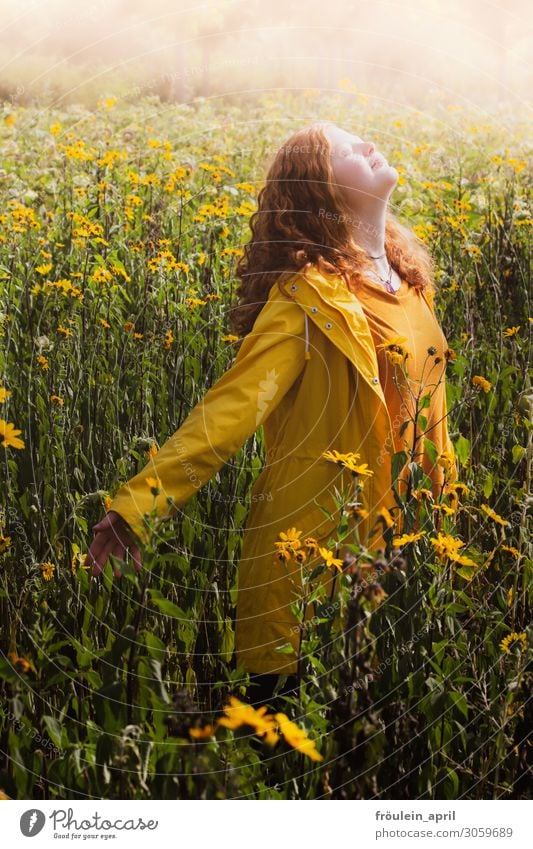 Sonnenkind Sommer feminin Junge Frau Jugendliche 1 Mensch 18-30 Jahre Erwachsene rothaarig gelb Hochformat Sonnenblume Farbfoto Außenaufnahme Textfreiraum oben