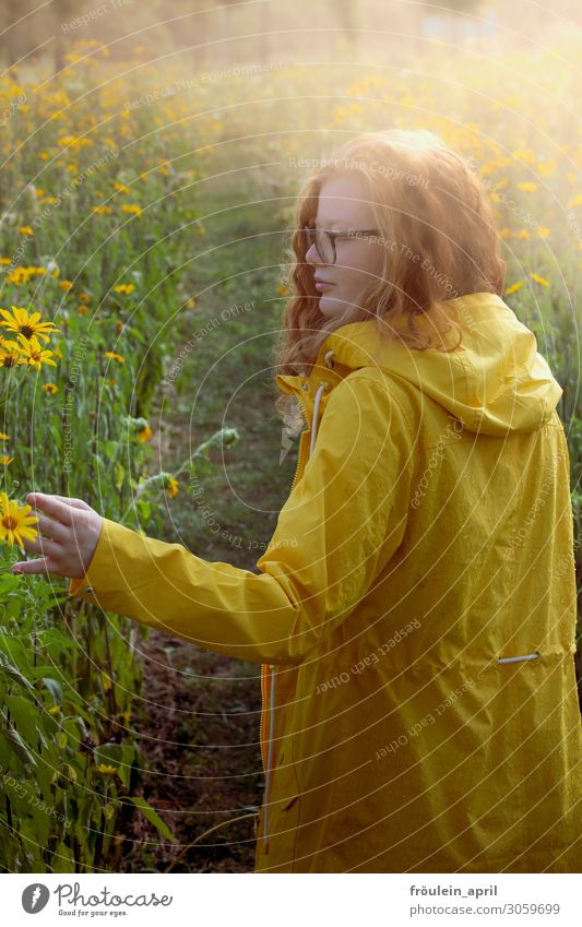 gelber Regenmantel Sommer feminin Junge Frau Jugendliche Erwachsene 1 Mensch 18-30 Jahre Umwelt Natur Pflanze Schönes Wetter Garten Park Wiese Regenjacke