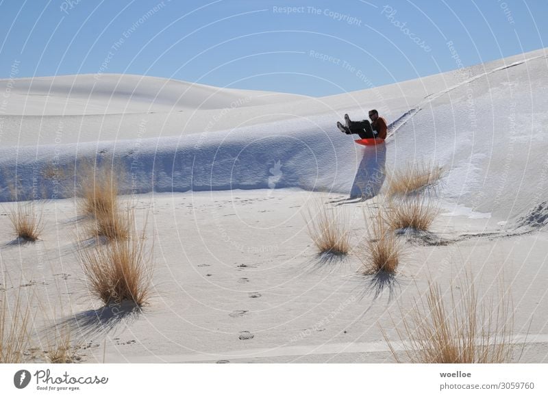 Bobfahrt in der Wüste II Freude Freizeit & Hobby Schnee Mensch maskulin Mann Erwachsene 18-30 Jahre Jugendliche Sand Wolkenloser Himmel Sträucher White Sands