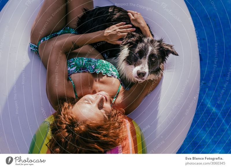 junge Frau und ihr Border-Collie-Hund, die auf einem aufblasbaren Spielzeug-Einhorn am Schwimmbad stehen. Sommerzeit, Spaß und Lebensstil im Freien züchten