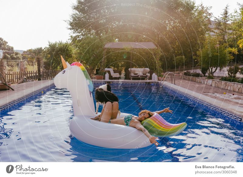 junge Frau und ihr Border-Collie-Hund, die auf einem aufblasbaren Spielzeug-Einhorn am Schwimmbad stehen. Sommerzeit, Spaß und Lebensstil im Freien züchten