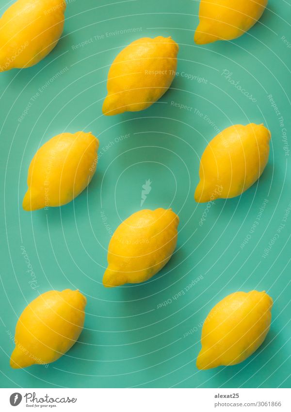 Zitronenmuster auf grünem Hintergrund Frucht Design Sommer Mode Sammlung einfach frisch oben gelb Farbe Sortiment Zitrusfrüchte farbenfroh flache Verlegung