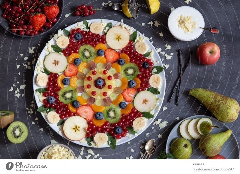 Bunter Obstteller als Blumenmuster angeordnet auf dunkler Platte mit leckerer Creme und Zutaten Obstsalat Lebensmittel Dessert Frucht Schokolade Vanilleschote