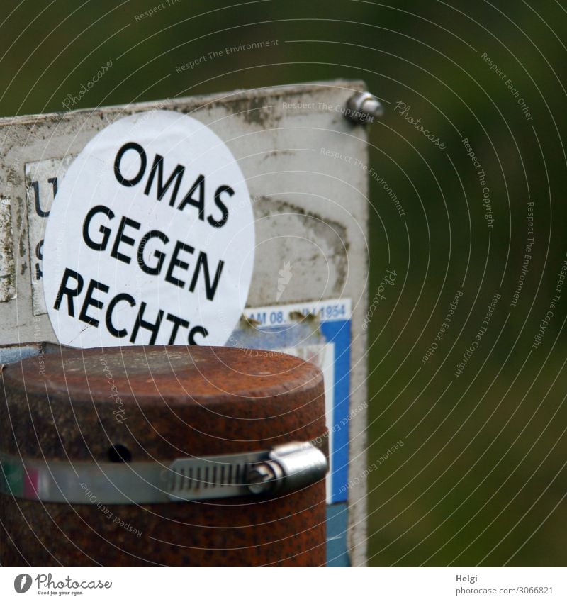 Aufkleber "Omas gegen Rechts" an einer Metallplatte Pfosten Schriftzeichen Schilder & Markierungen kämpfen außergewöhnlich eckig einzigartig feminin braun grau
