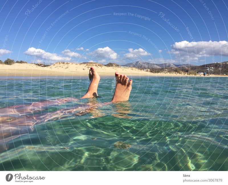 Füße im Meer Strand Insel Blick Tourismus Wasser Im Wasser treiben Farbfoto Außenaufnahme Textfreiraum rechts Textfreiraum oben Sonnenlicht