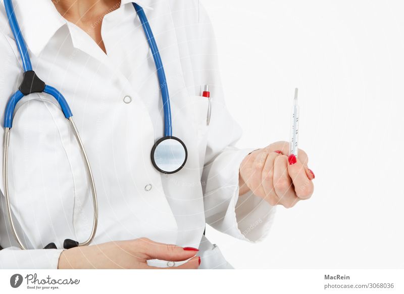 Doktor hält ein Fieberthermometer Arzt Krankenhaus Thermometer Junge Frau Jugendliche Erwachsene 1 Mensch Sicherheit Stethoskop feminin Kittel Farbfoto