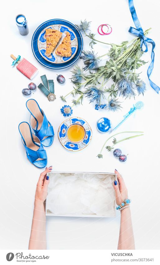 Frauenhände halten einen leeren Schuhe Karton . Blue Stillleben Tee Lifestyle kaufen Design schön Kosmetik feminin Erwachsene Hand 1 Mensch Accessoire Schmuck