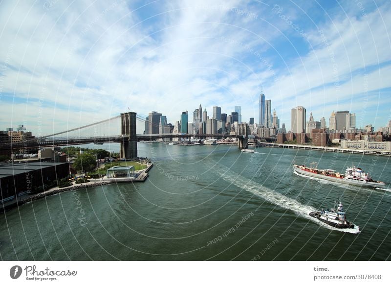 weitsichtig | relativ Himmel Wolken Schönes Wetter Küste New York City Manhattan Brooklyn Bridge Stadtzentrum Skyline Haus Hochhaus Bankgebäude Brücke