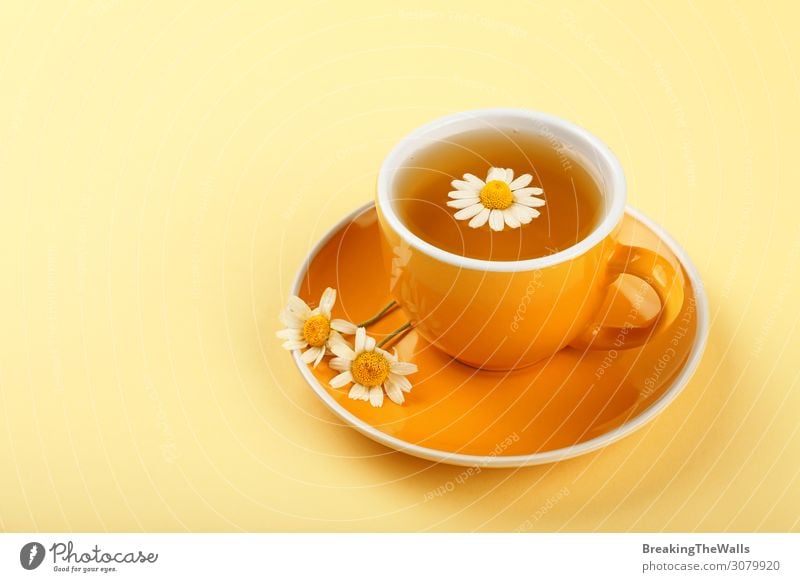 Gelbe Tasse Kräutertee mit Kamille Getränk Heißgetränk Tee Becher Gesundheit Gesundheitswesen Behandlung Wellness Leben harmonisch Wohlgefühl Erholung Blume