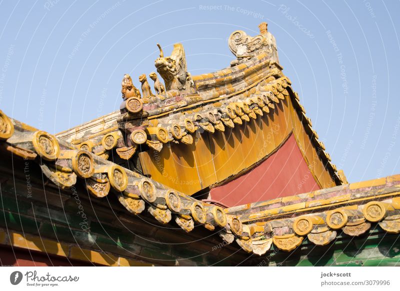 Löwen und Drachen Kunstwerk Weltkulturerbe Chinesische Architektur Kunsthandwerk Wolkenloser Himmel Palast Pagodendach Sehenswürdigkeit Verbotene Stadt