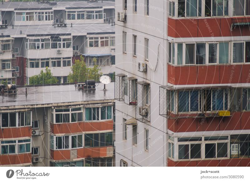 Viertel in Peking schlechtes Wetter Stadthaus Plattenbau Wohnhochhaus Fassade Fenster Beton authentisch retro trist Stimmung Schutz Ordnungsliebe gleich Stil