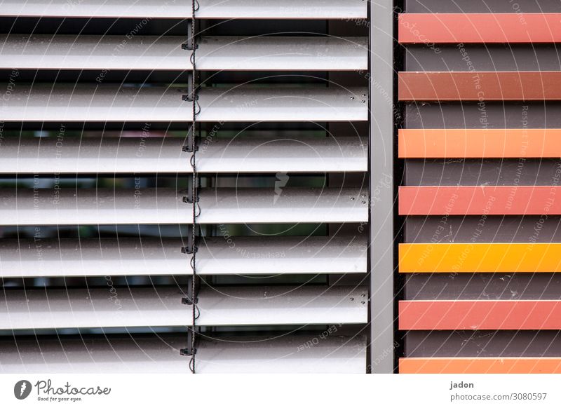 licht- und wärmeschutz. Büro Mauer Wand Fassade Fenster Linie Streifen einfach grau orange rot Fürsorge Schutz Klimaschutz gerade Wärme Farbfoto Außenaufnahme