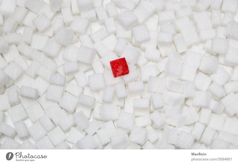 Würfelzucker Lebensmittel Ernährung Krankheit süß Stapel gesundheitsschädlich Symbole & Metaphern ungesund Zucker weiß rot nebeneinander Studioaufnahme