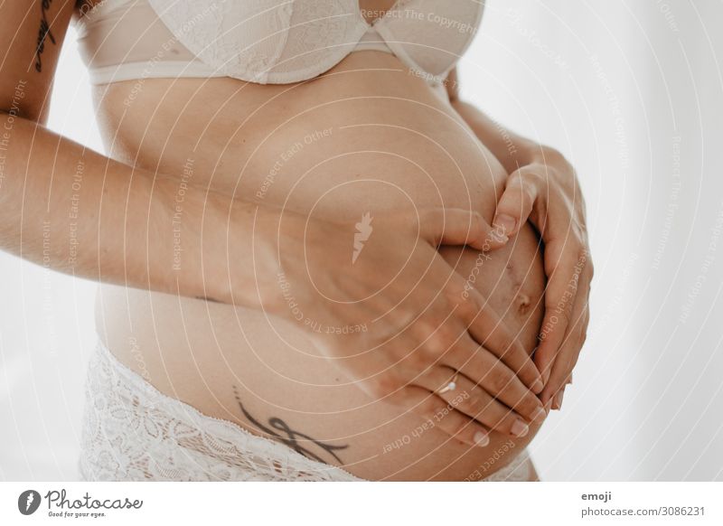 Schwangerschaft feminin Junge Frau Jugendliche Erwachsene Mutter 1 Mensch 18-30 Jahre Unterwäsche schwanger Erotik weiß Farbfoto Gedeckte Farben Bauch