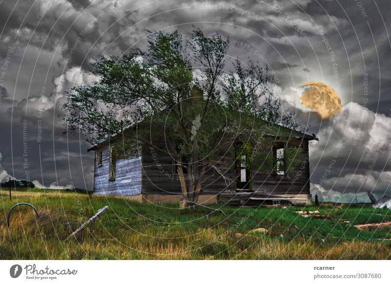 Verlassenes Haus in einer beängstigenden Nacht Printmedien Urelemente Himmel Gewitterwolken Nachthimmel Vollmond Unwetter Baum Feld Stadtrand Menschenleer Hütte