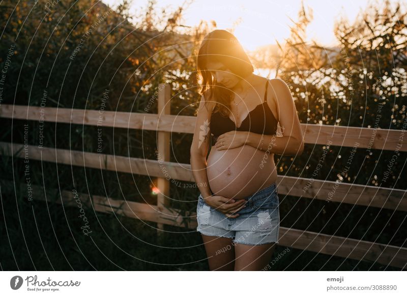 Schwangereschaft Mensch feminin Junge Frau Jugendliche Erwachsene Mutter 1 18-30 Jahre schwanger Farbfoto mehrfarbig Außenaufnahme Abend Sonnenstrahlen