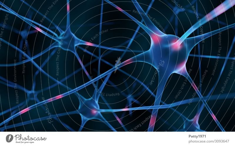 Aktive Nervenzellen (3D Render) Gesundheit Gesundheitswesen Wissenschaften Gehirn u. Nerven Neurologie Kommunizieren blau rosa schwarz komplex Netzwerk
