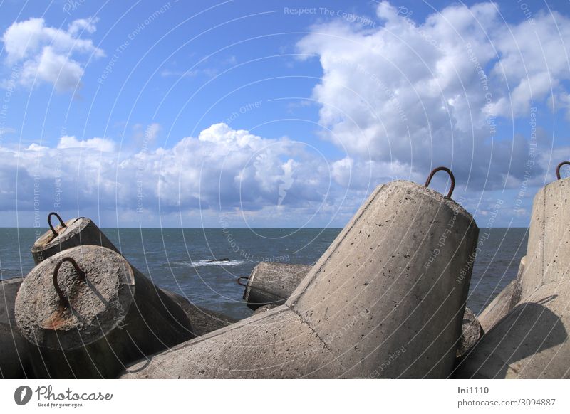 wertvoll | Wellenbrecher Natur Landschaft Luft Wasser Himmel Wolken Horizont Sommer Küste Seeufer Nordsee Beton Stahl blau braun grau schwarz weiß Betonmauer