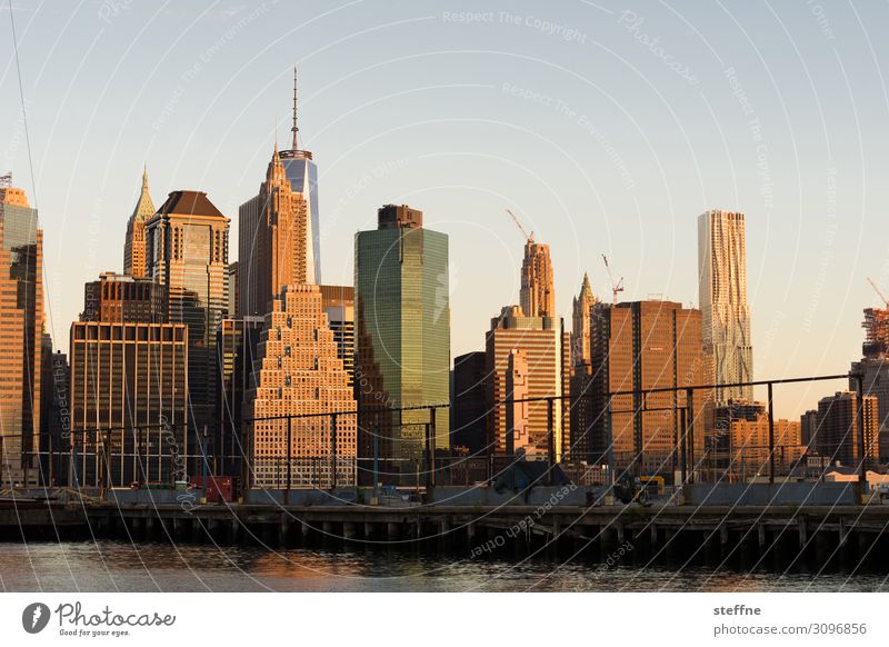 Downtown Manhattan bei Sonnenaufgang Wolkenloser Himmel Sonnenuntergang Herbst Schönes Wetter Stadt Skyline überbevölkert Hochhaus Sehenswürdigkeit ästhetisch