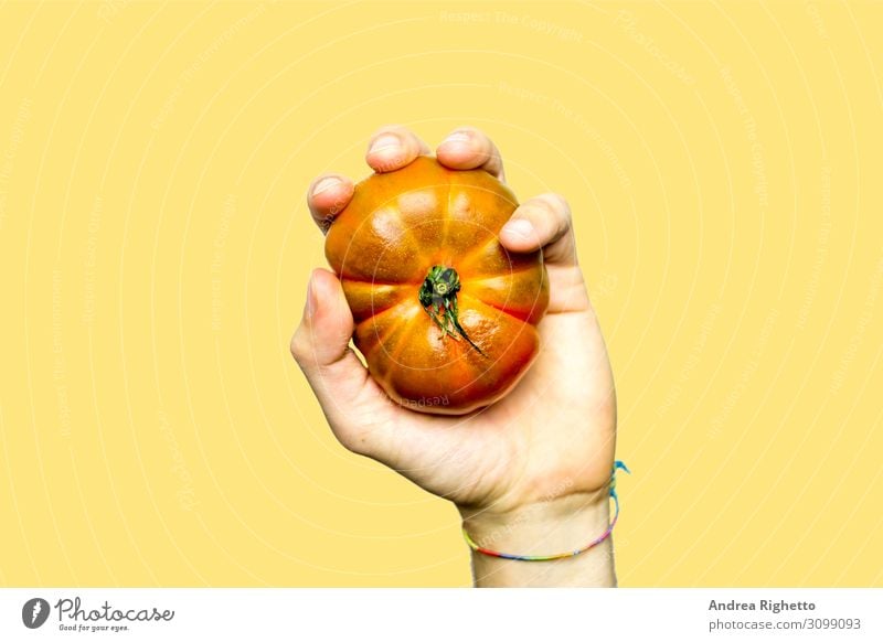 Konzept des La Tomatina-Festivals in der valencianischen Stadt Buñol in Spanien. Hand hält eine Tomate in Schwarz-Weiß mit gelbem Hintergrund. Konzept der Collage zeitgenössischer Kunst und Zine-Kultur