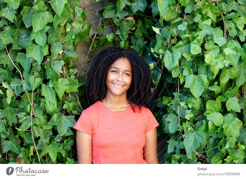 Wunderschönes Afro Teenager Mädchen Glück Erholung ruhig Freizeit & Hobby Sommer Kind Mensch Frau Erwachsene Jugendliche Wald Mode T-Shirt Denken Lächeln grün