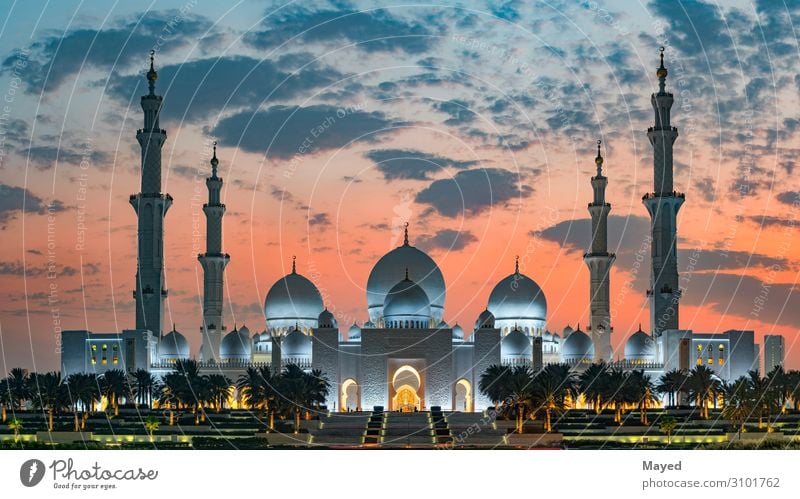 Scheich Zayed Große Moschee Reichtum exotisch Bildungsreise Kultur Sonnenaufgang Sonnenuntergang Klima Wetter Schönes Wetter Wärme Abu Dhabi