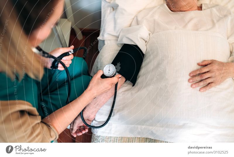 Betreuerin, die den Blutdruck einer älteren Frau überprüft. Gesundheitswesen Krankheit Medikament Haus Prüfung & Examen Arzt Krankenhaus Mensch Erwachsene Arme