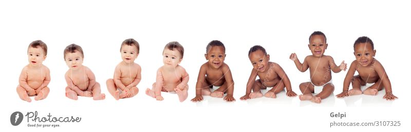 Acht lustige Babys, die auf dem Boden sitzen. Freude Glück schön Haare & Frisuren Haut Gesundheitswesen Leben Kind Mensch Kleinkind Mann Erwachsene Kindheit