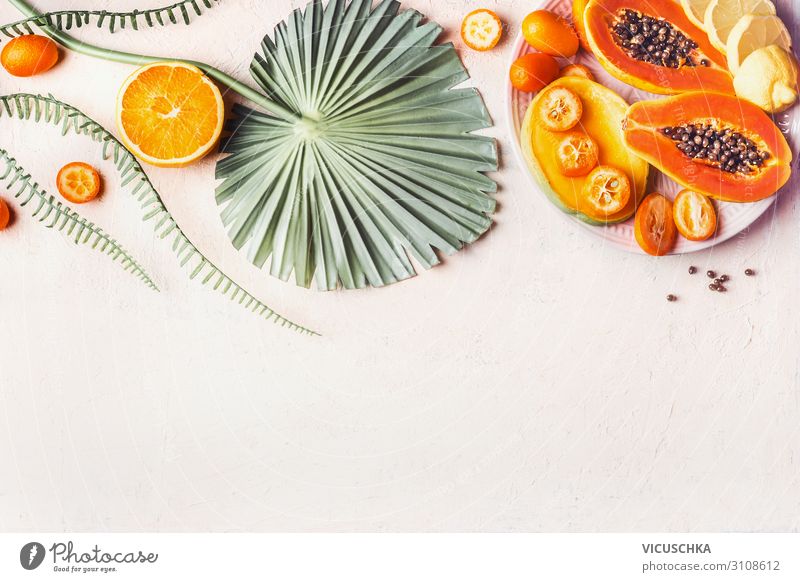 Exotische Früchte Hintergrund Lebensmittel Frucht Ernährung Vegetarische Ernährung kaufen Design exotisch Gesunde Ernährung trendy Hintergrundbild Papaya Mango